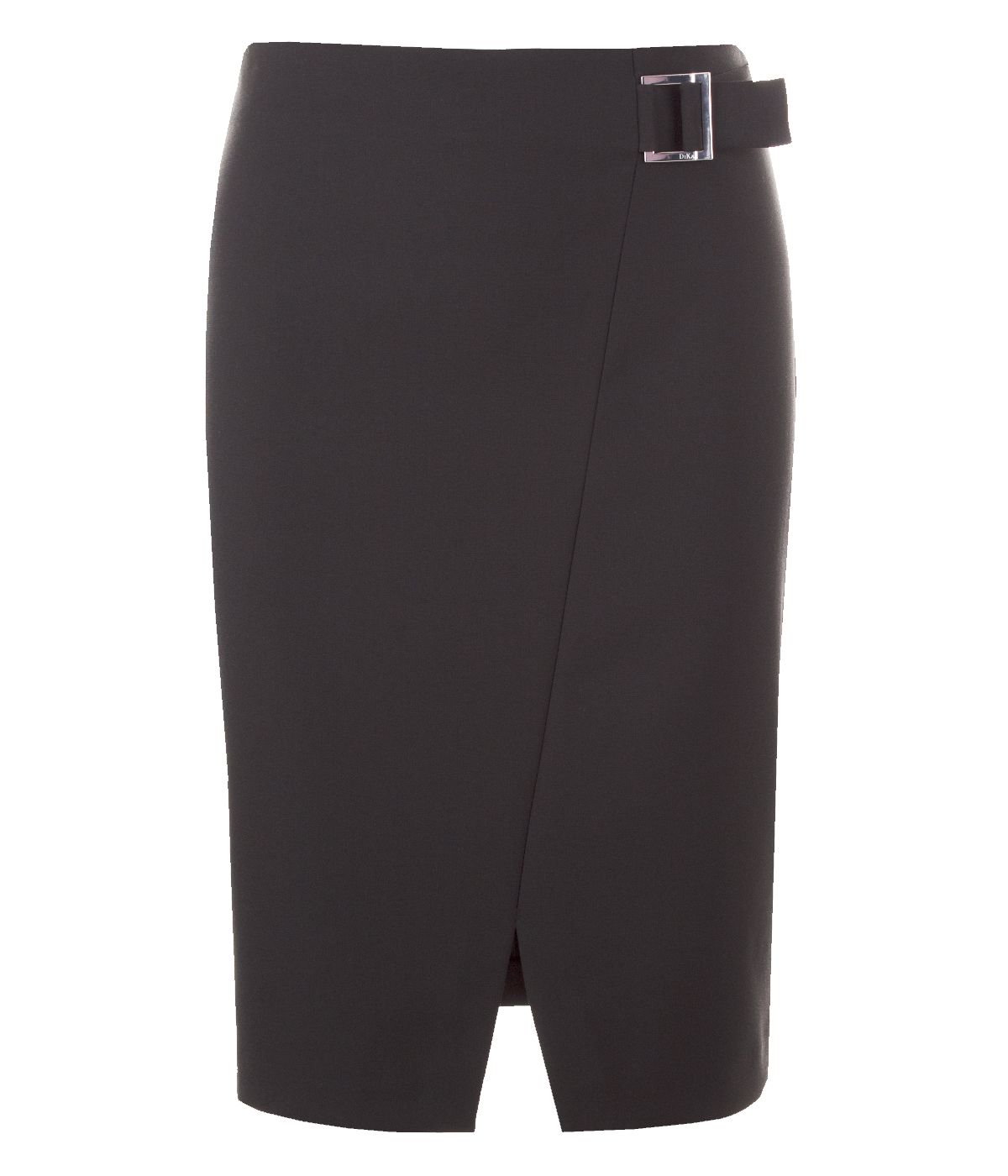 Pencil skirt with front slit, diagonal seam and decorative buckle on the waistline 0